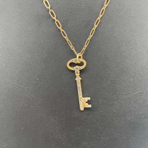 Pave Rhinestone Key Pendant Chain Necklace Gold Tone Casual College School - Picture 2 of 6